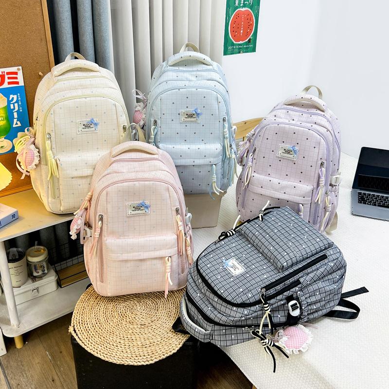 Schoolbag Japanese Fresh Color Sea Salt Blue Plaid Floral Schoolbag Female Sweet Atmosphere Junior and High School Girls Backpack