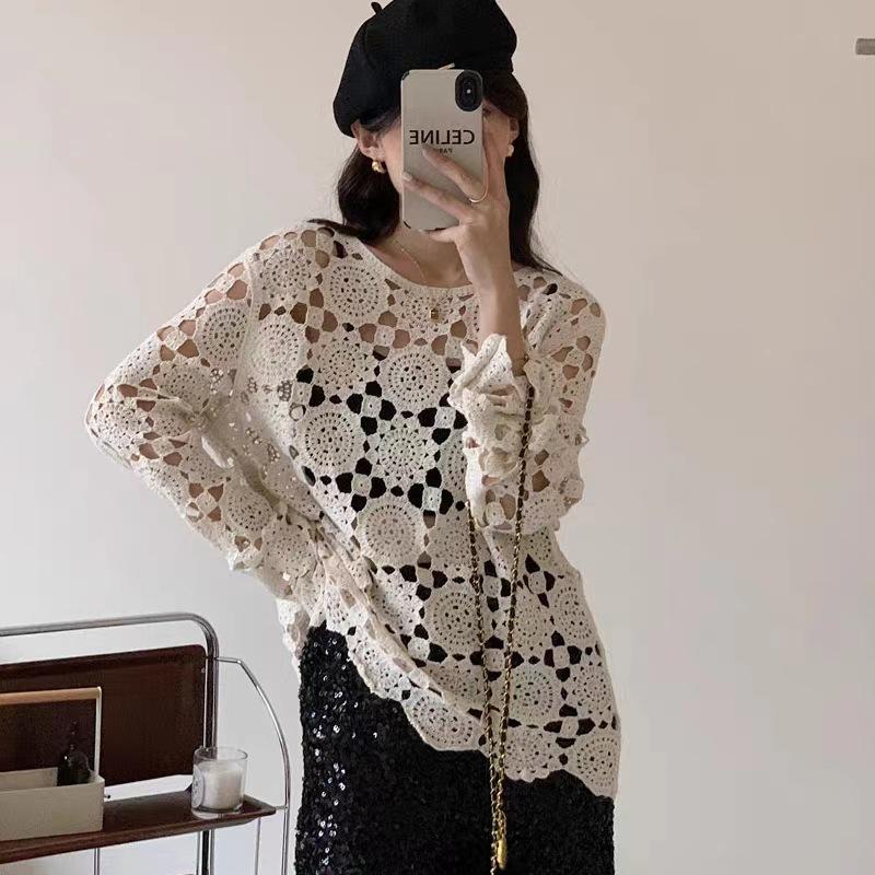 

Chic Knitted Hollow-Out Sweater | Plus Size French Style | Loose Long Sleeve | Early Autumn Women s Outerwear One Size білий