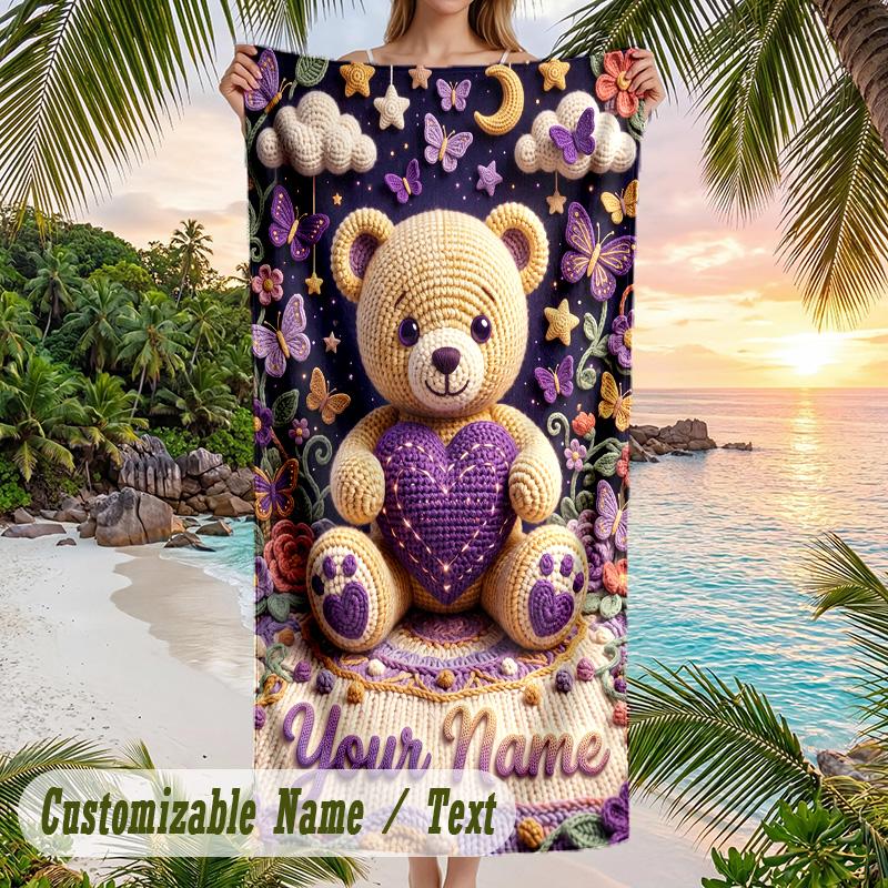 Teddy Bear Theme Beach Towel Personalized Custom Name & Text Soft Quick Dry Beach Towel for Swimming Travel
