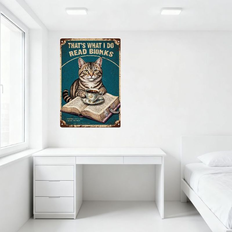 Vintage 'That's What I Do Read Biuncks' Cat Coffee Tin Sign, Whimsical Metal Wall Decor for Bar Pub Home Cafe with Teacup & Book