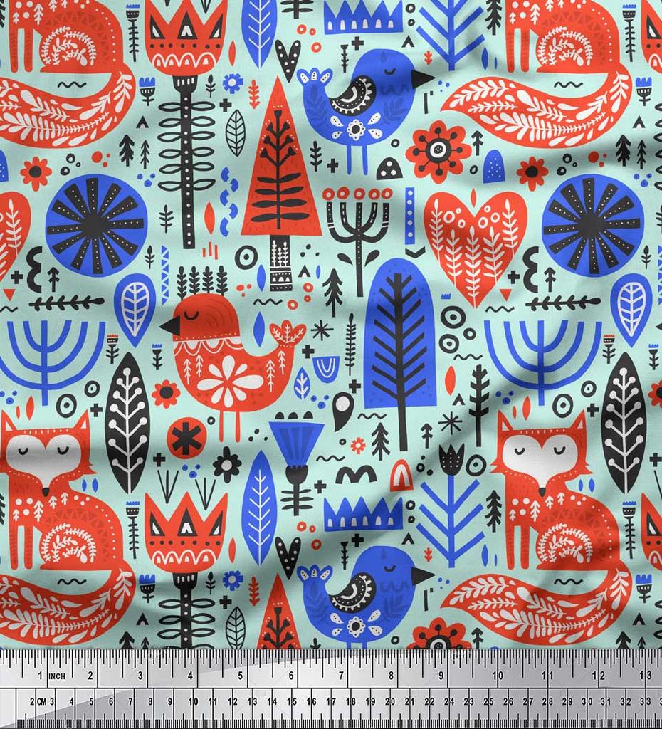 Soimoi Beige Poly Crepe Fabric Tree & Fox Folk Art Fabric Prints By Metre 42 Inch