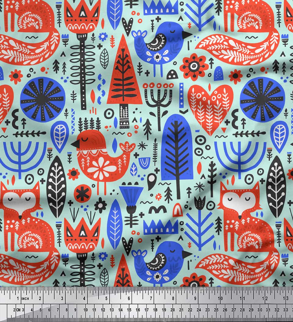 

Soimoi Beige Poly Crepe Fabric Tree & Fox Folk Art Fabric Prints на метр 42 дюйма 42 Inch Wide - Poly Crepe зелений