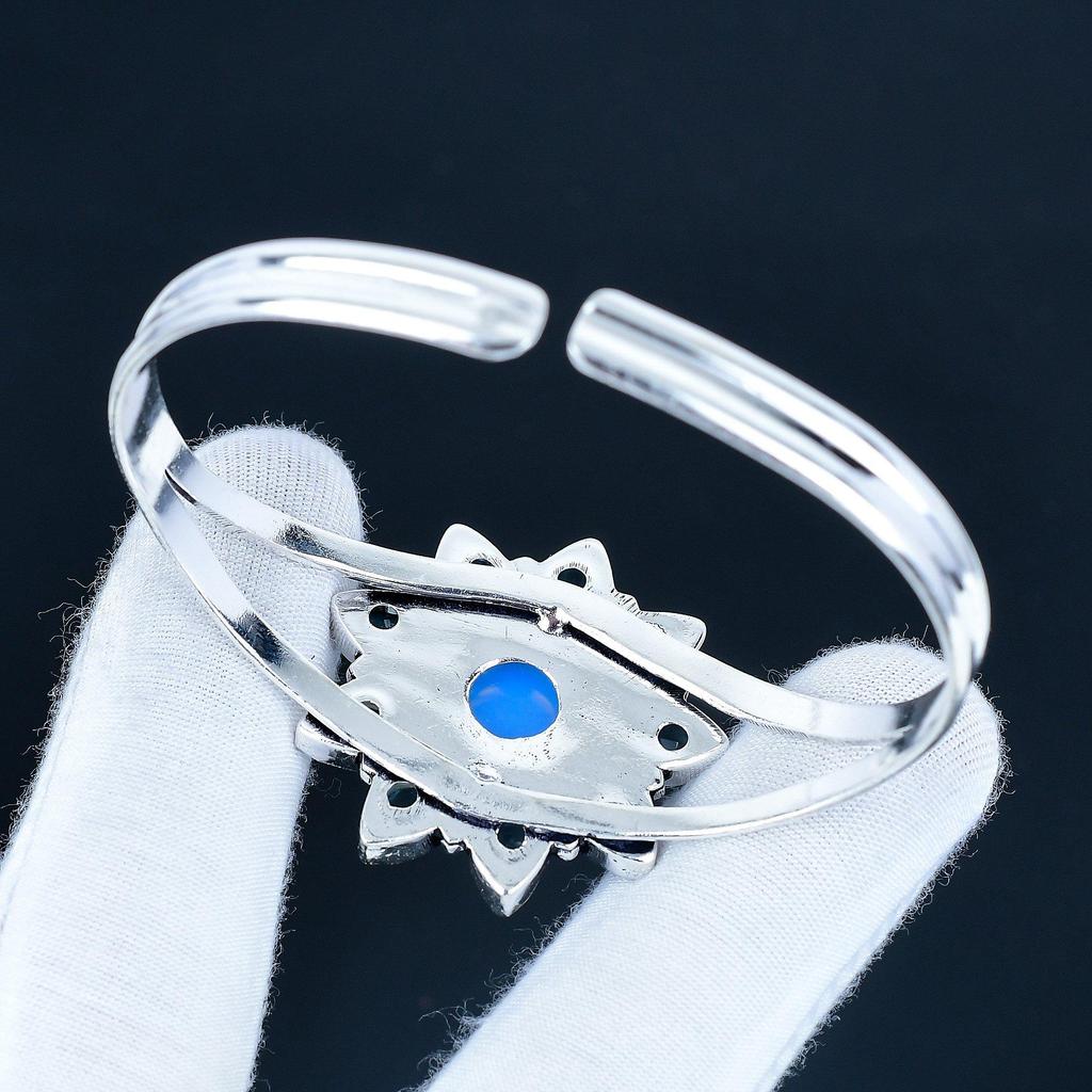 Milky Opal Gemstone Handmade Cuff Bangle 925 Sterling Silver Cuff Bangle, Blue Topaz Flower Shape Bracelet For Wife, Unisex Bangle, Love Gift