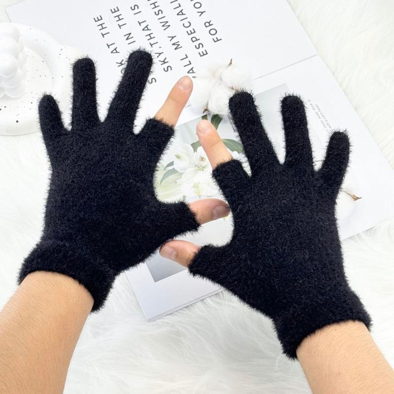 Winter Two-finger Half-dew Finger Ten-needle Jacquard Plush Warm Knitting Thickened Student Model Winter Two-half-finger Hand