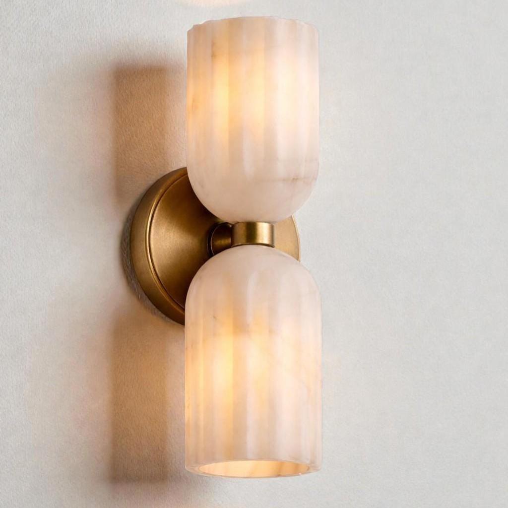 Double Brass Alabaster Wall Sconce | Mid Century Modern Luxury Wall Light | Bedroom Hallway Decor