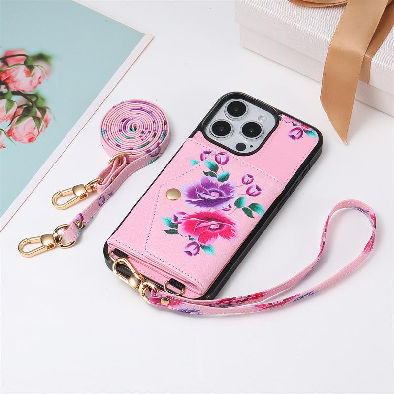 Flower Crossbody Card Holder Case with Lanyard for iPhone 13, 14, 16, 17 Pro