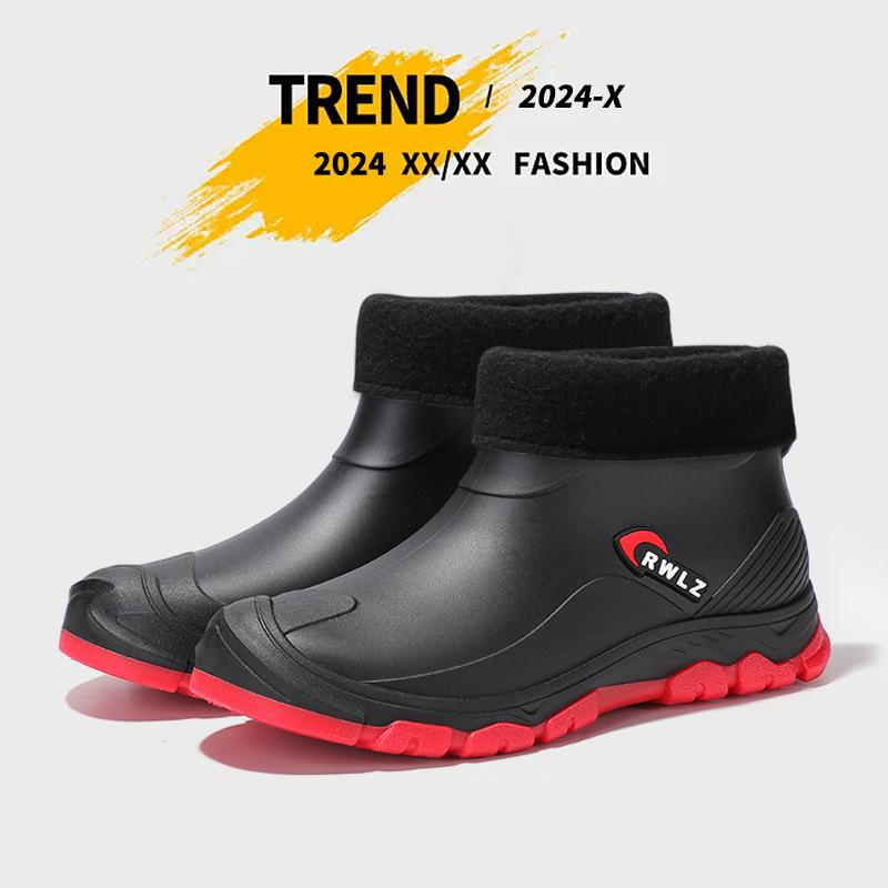 Spring and Autumn Short Rain Shoes Trendy Men's Fashion Rain Boots Urban Outdoor Wading Shoes Waterproof Glue Shoes Fleece Cover Thermal Rubber Shoes