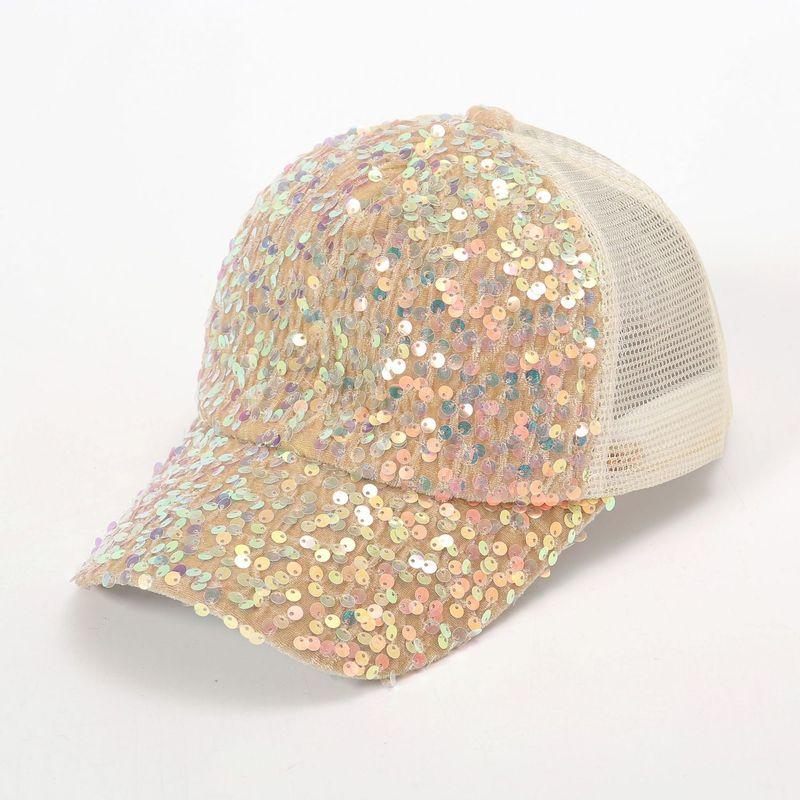 

New Arrival Handmade Sequin Fashion Trending Ins Face-Looking Small Baseball Cap Summer Breathable Mesh Sun Protection Sun Hat Sequin cap beige One size