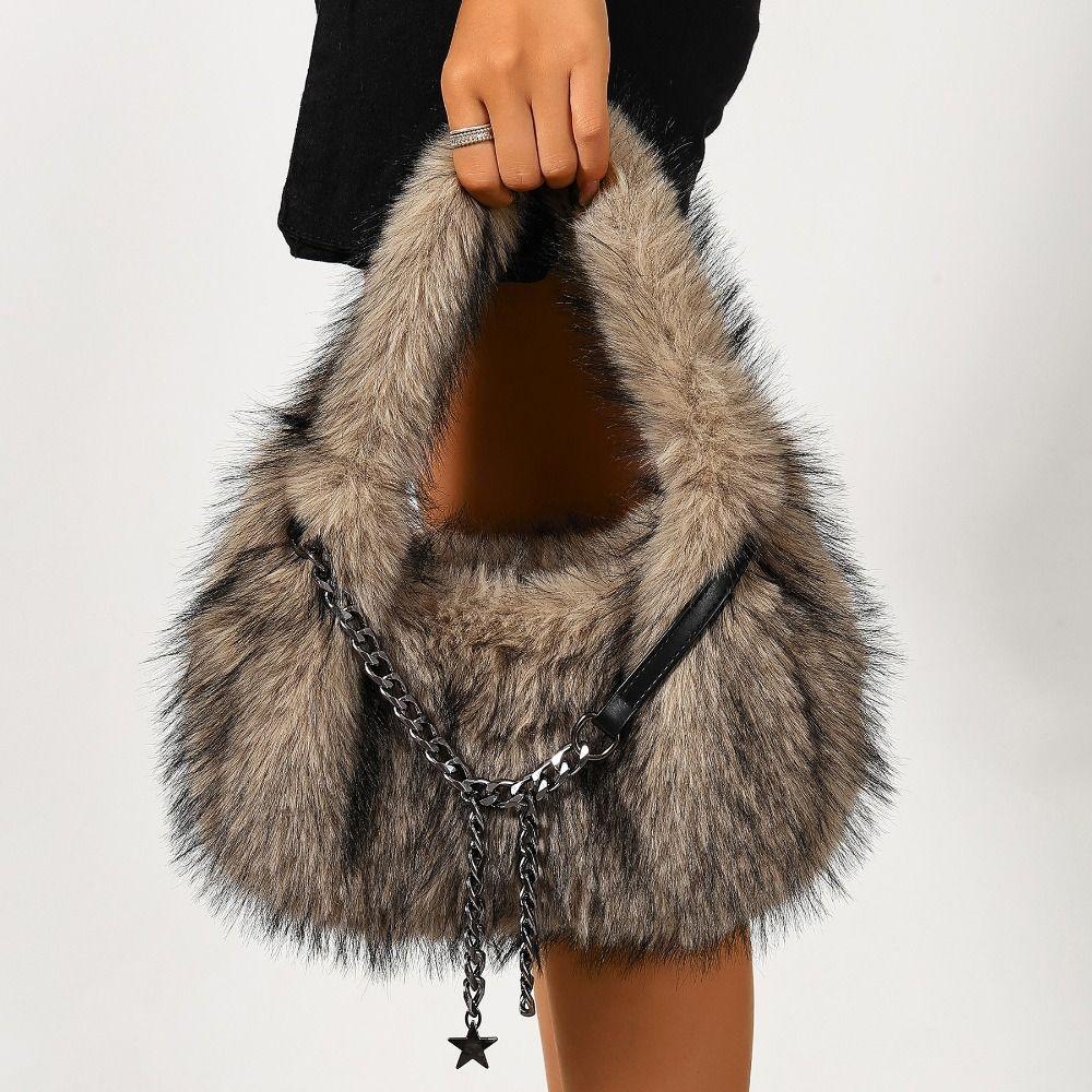 Portable Faux Fur Shoulder Bags Y2k Fluffy Tote Bag Portable Fluffy Hobo Bags Dating