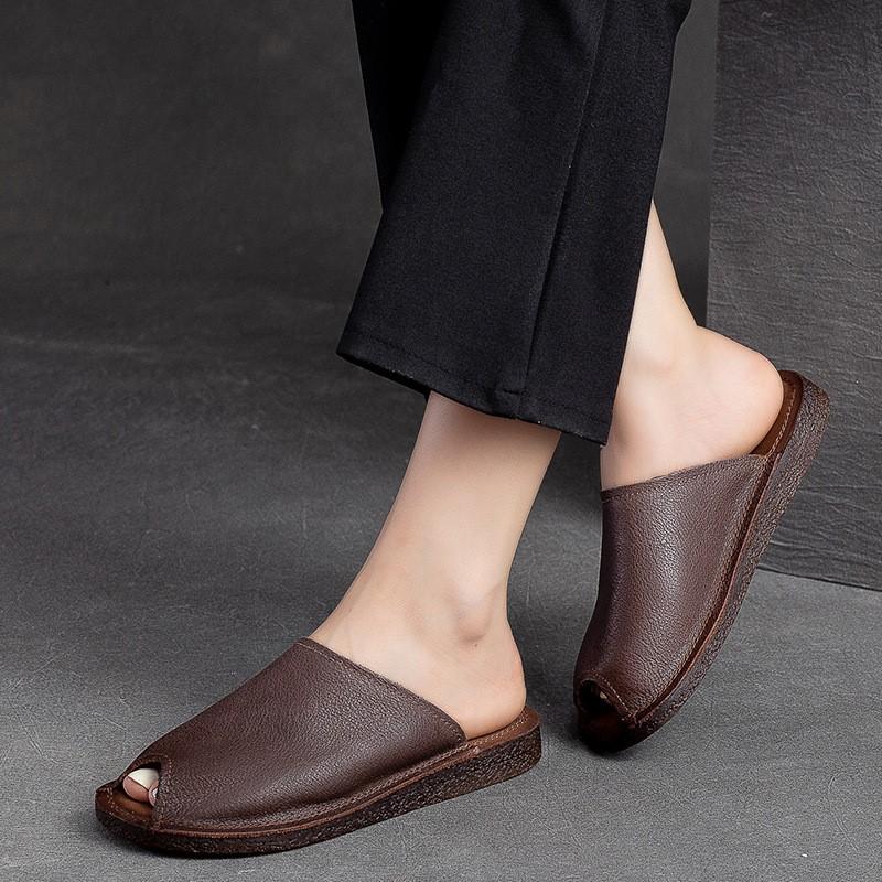 Johnature Pantofole piatte traspiranti con suola morbida Ciabatte aperte vintage in vera pelle Scarpe da donna versatili