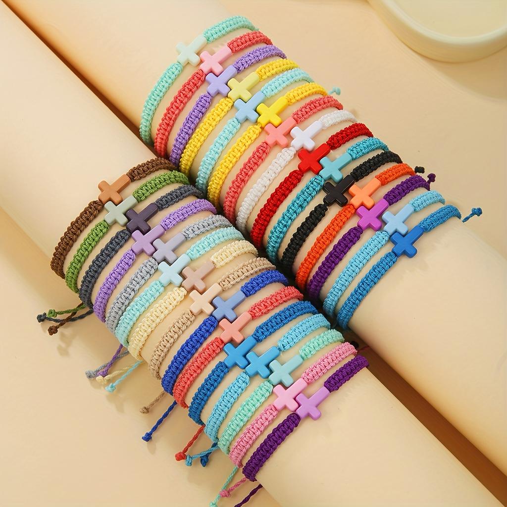 Colorful Bracelet Set, Acrylic Cross Pattern, Woven Wax Rope Adjustable, for Beach Surfing, Daily Wear, Gift-giving, Vacation.