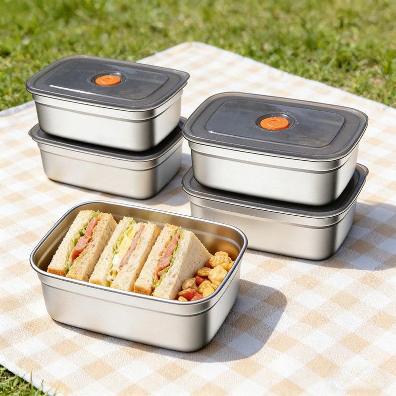 Stainless Steel Food Storage Box with Lid - Square Tray Lunch Container for Office Workers