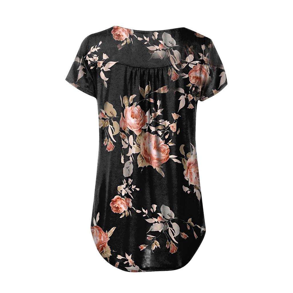 Women's Summer Casual Flower Print Short-sleeved Loose O-neck A-line Swing Top