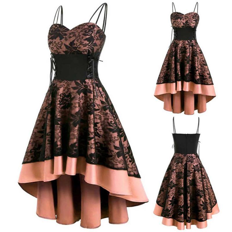 Damen Vintage Gotisches Spitze Abschlussballkleid Spaghettiträger Herz Ausschnitt Korsett Schnürung Hoher Niedriger Saum Ausgestellt A-Linie Abendparty Cocktail Formelles Kleid
