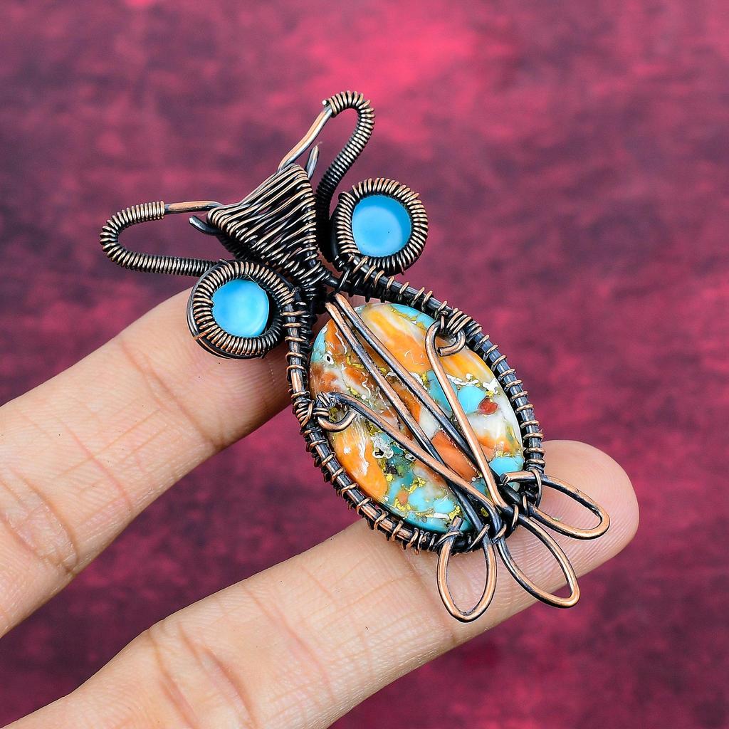 Spiny Oyster Copper Turquoise Pendant Gemstone Owl Jewelry Copper Wire Wrapped Pendant Blue Evil Eye Jewelry