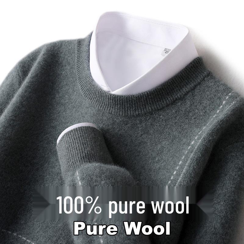 Men's Loose Round Neck 100% Wool Autumn & Winter Thick Knit Pullover Sweater