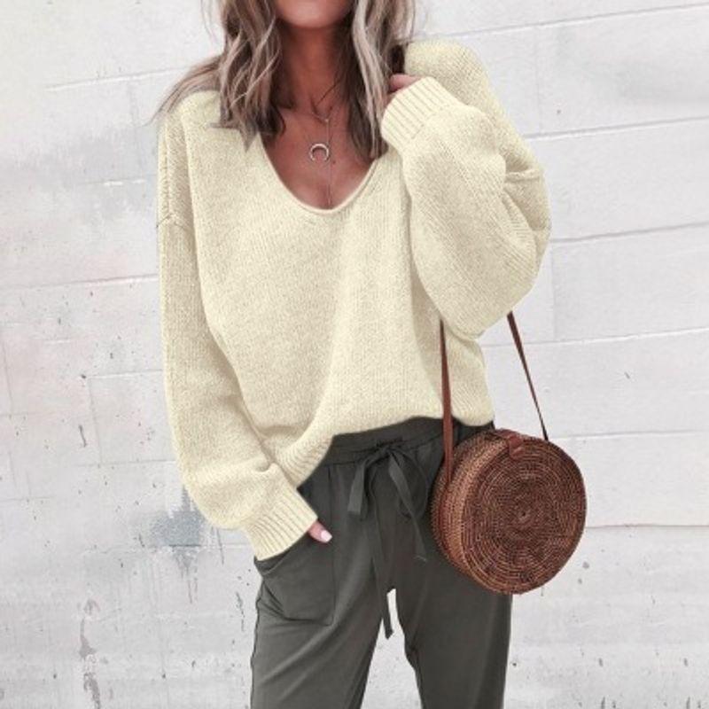 

Solid Color Long-Sleeved V-neck Knit Woman Pure Color Long Sleeves V-neck Sweater Beige S