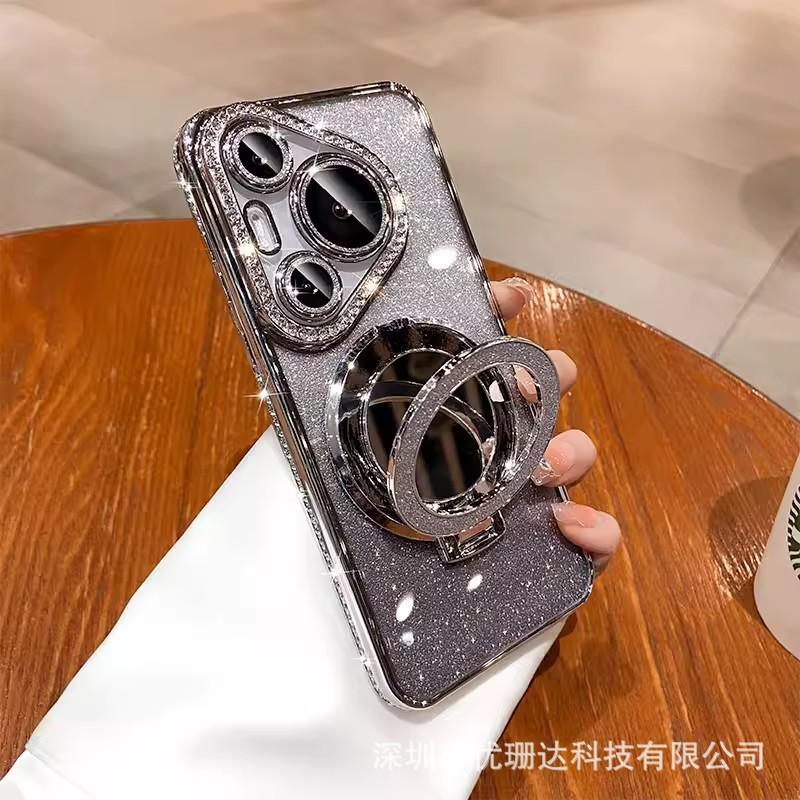 Applicable To Huawei Pura11pro Mobile Phone Case Glitter Electroplated Rhinestone Mate11 Makeup Mirror Magnetic Suction Bracket Cover