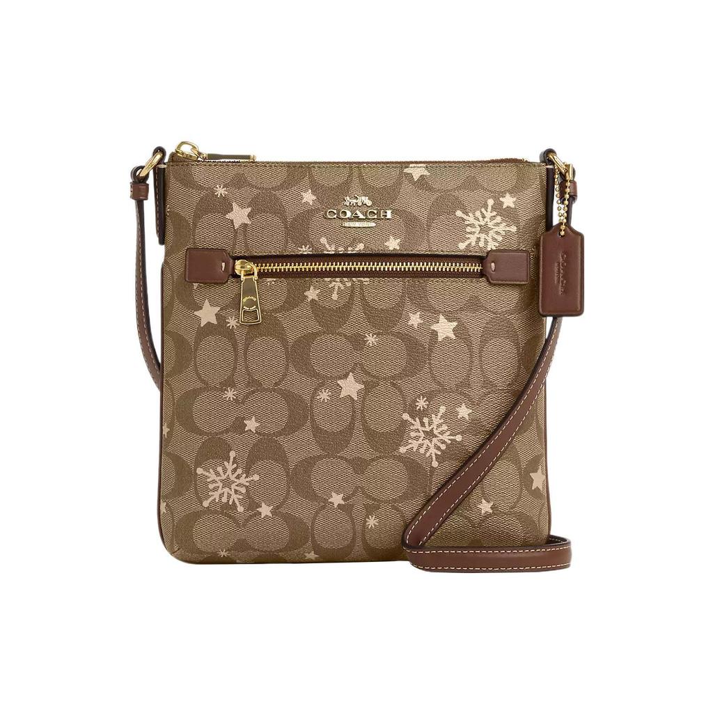 COACH Rowan Coated Canvas With Smooth Leather Shoulder Bag, Crossbody Bag Small Women's Khaki & Saddle & Gold CN766-IMWD9