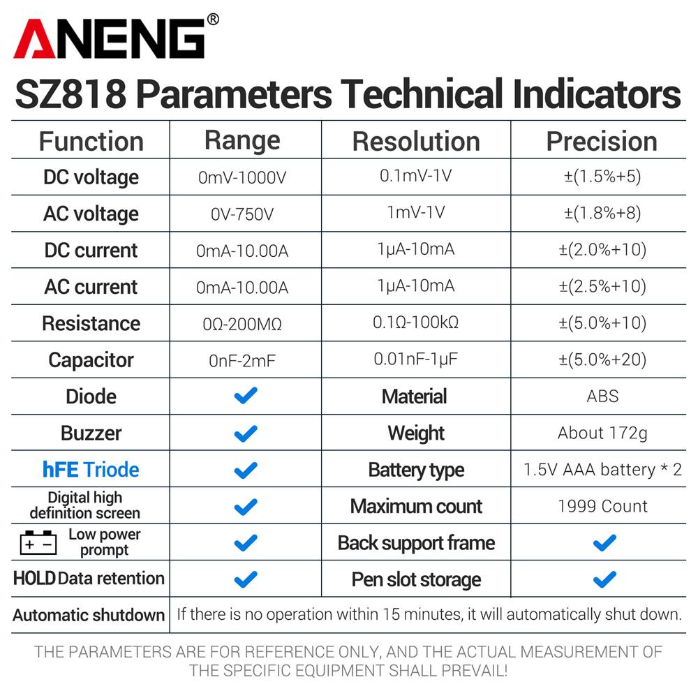 Multifunctional ANENG SZ818 Digital Multimeter High Precision AC/DC Voltage Current 1000V10A NCV Capacitance HFE Tester with Free BT167 Battery Tester