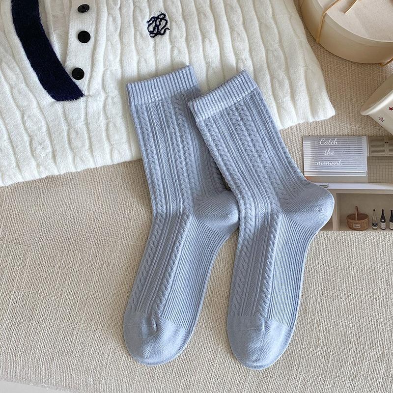 Autumn and Winter Socks for Women: Pure Cotton Slightly Pressed Mid-calf Socks with Linen Patterns for Warmth. Pile Socks