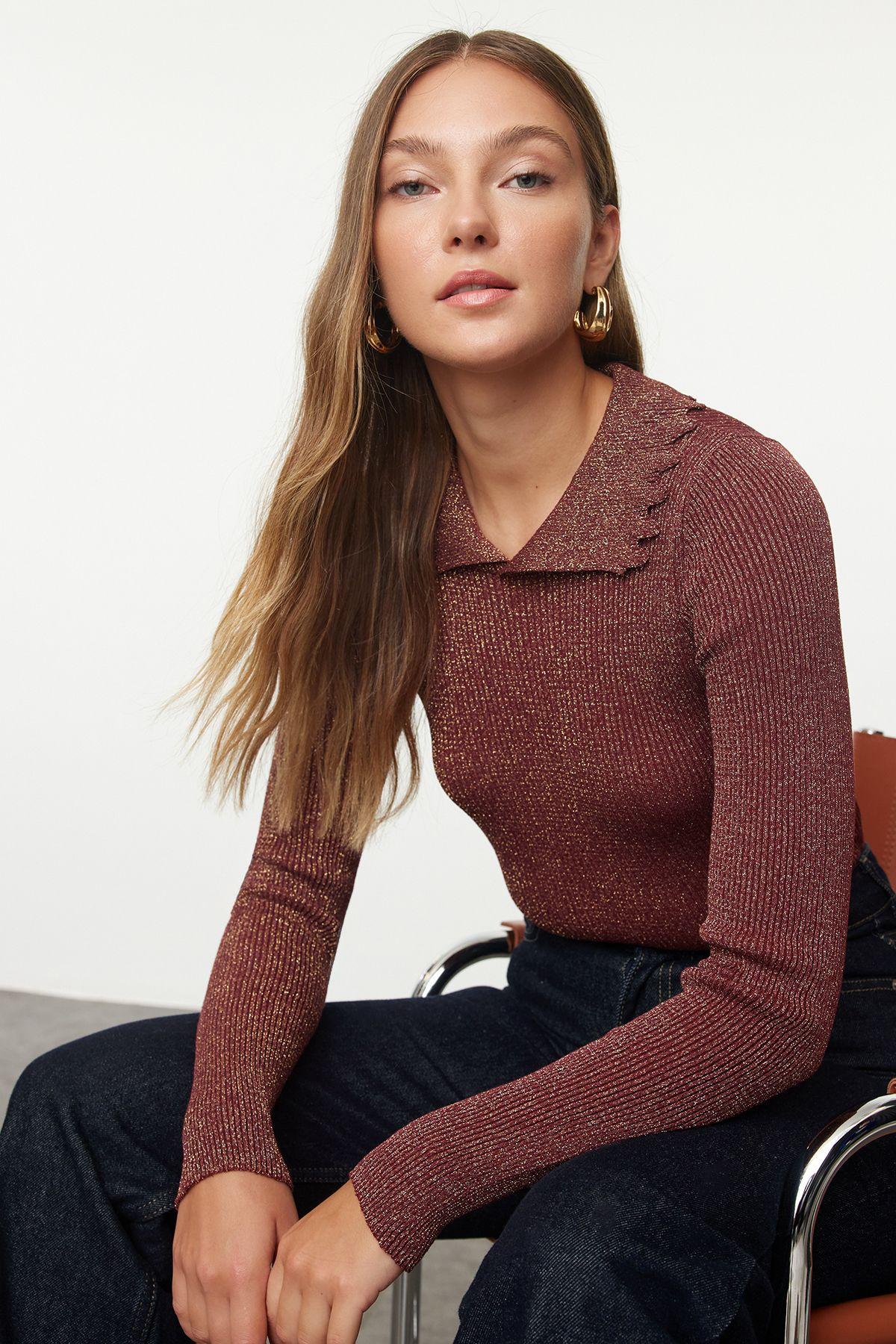 

Women s Elegance Style Sweater Burgundy Polo Neck Knitwear Sweater S