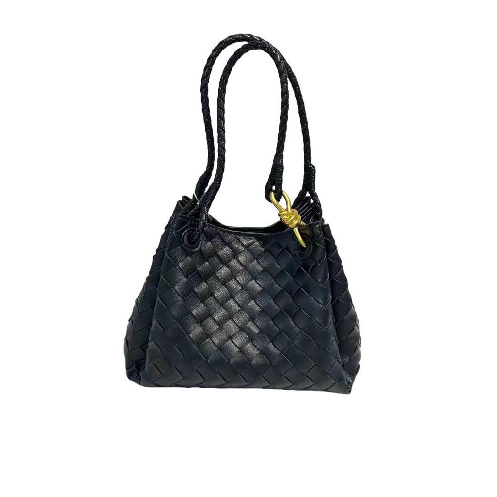 2024 Summer Woven PU Parachute Handheld & Crossbody Basket Bag with Metal Rope Buckle