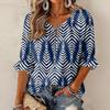 Women's Retro Floral Print Ruffle Three-Quarter Sleeve Blouse with Tie Neck