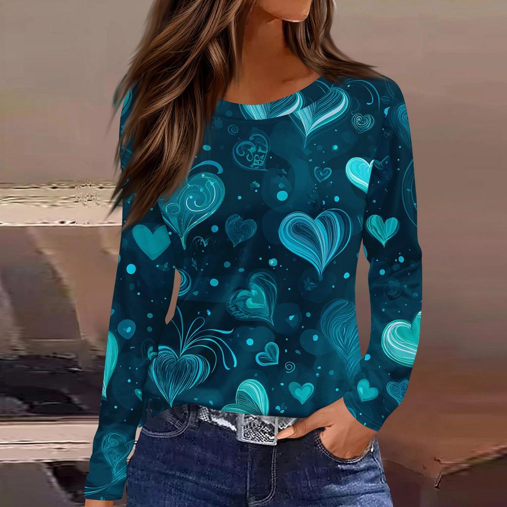 Damen Modisches Langarm-Rundhals-Oberteil mit Schlitzsaum und Valentinstag-Herzprint