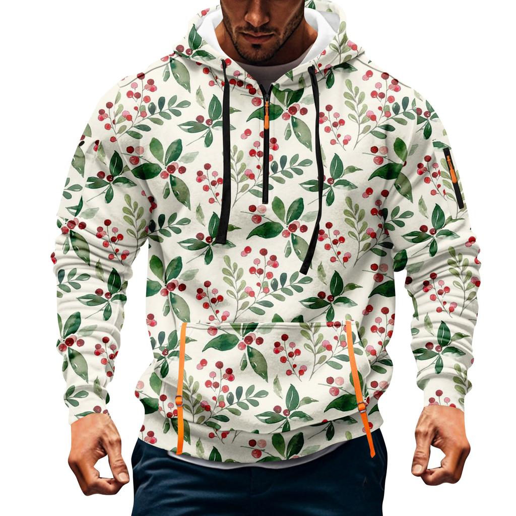Herren Weihnachten Print Kapuzenpullover Halb-Reißverschluss Lässig Sport Sweatshirt