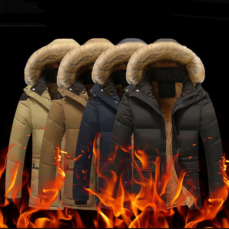 Winter Men's Casual Plus Velvet Thick Warm Hooded Big Fur Collar Mid-Length Cotton Coat