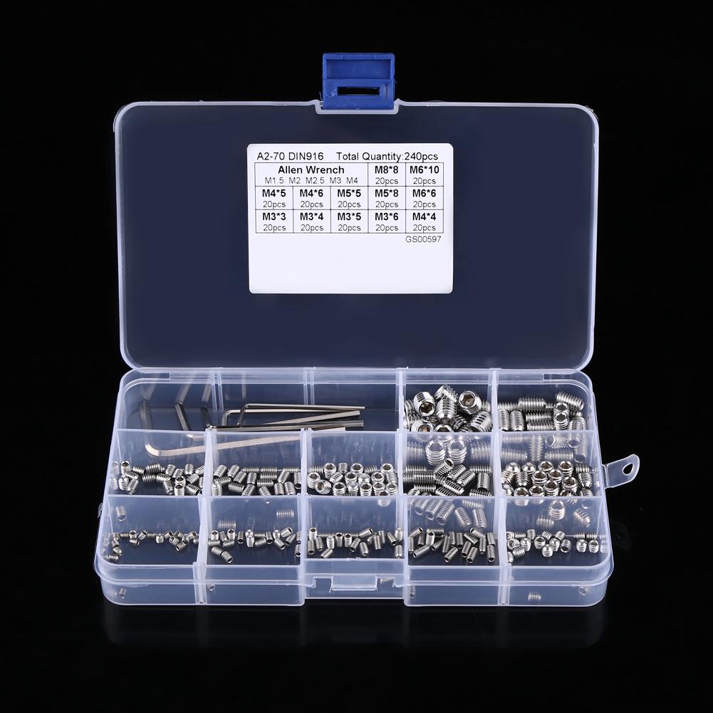 240pcs M3 M4 M5 M6 M8 Hex Socket Set Screws Assortment Kit with Hex Keys