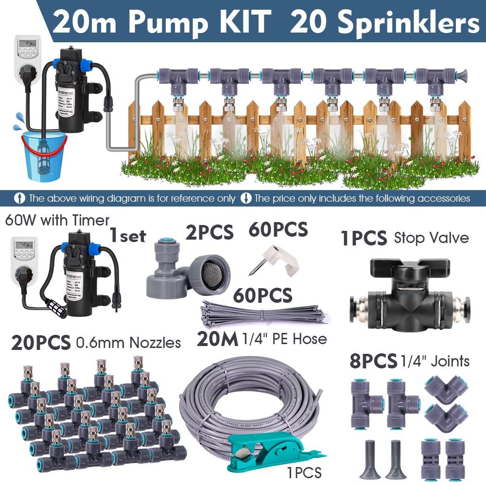 1/4″ 4/6mm 60W Self-priming Pump Misting Cooling System 0.6mm Atomizer Sprayer Slip Lock Nozzle Joint Outdoor Garden Irrigation