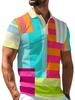 1pc Men'S Short Sleeve Polo Shirt, Multi-Size Available, Collar Button Design, Colorful Geometric Contrast Patchwork Print, Beige Lapel Short Sleeve