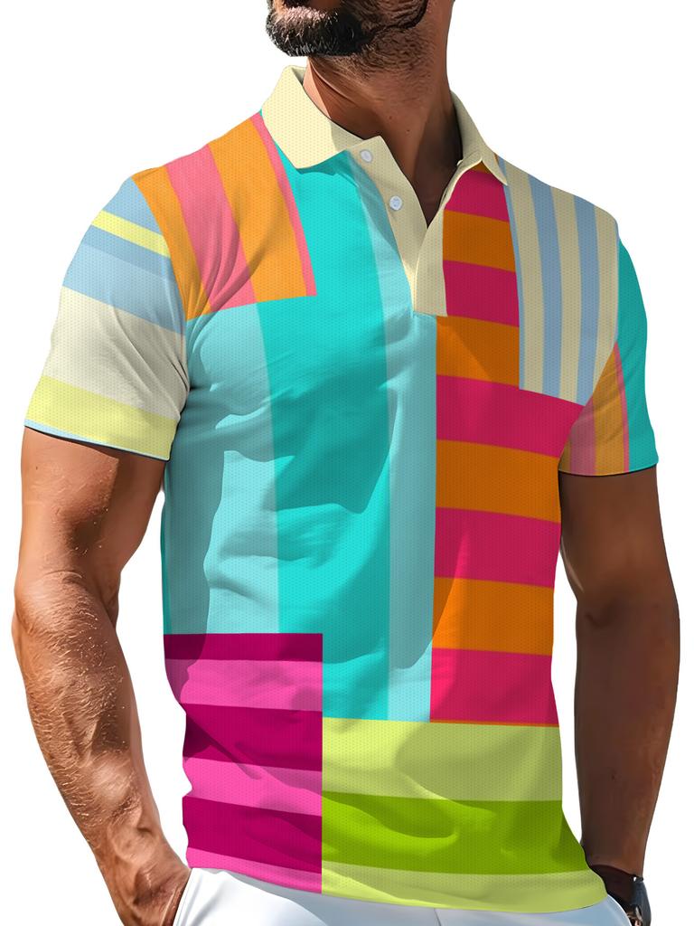 1pc Men'S Short Sleeve Polo Shirt, Multi-Size Available, Collar Button Design, Colorful Geometric Contrast Patchwork Print, Beige Lapel Short Sleeve