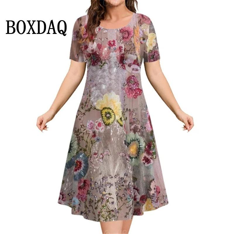 Plant Flowers Print Women's Dresses Summer Short Sleeve Clothing Casual Female Dress Retro Ladies Loose Plus Size Dresses