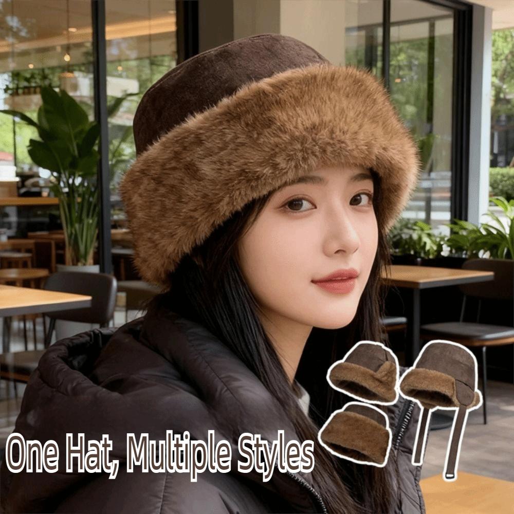 Fluffy Womens Bucket Hat Solid Color Ear Protection Caps Fashion Faux Mink Plush Hats  Winter