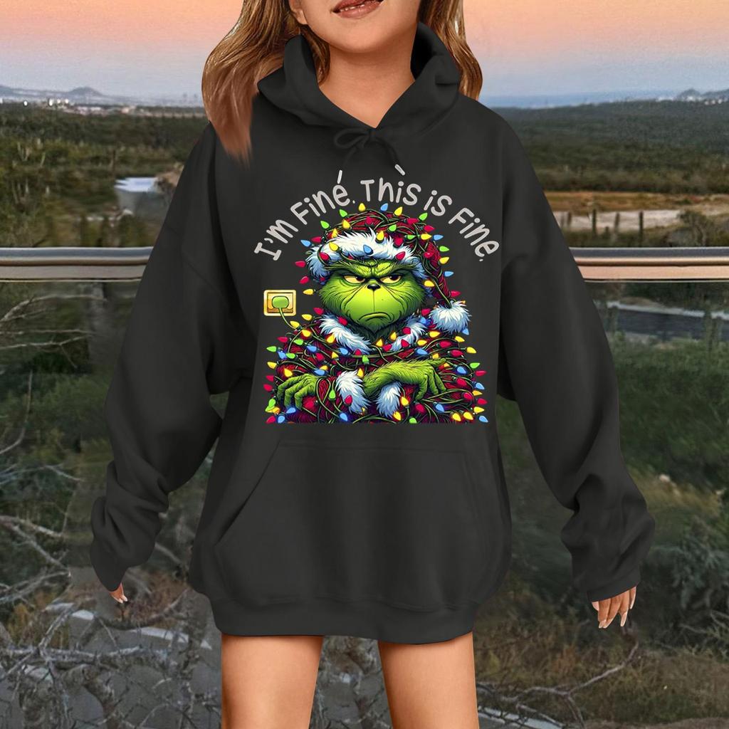 Dětská módní ležérní mikina s dlouhým rukávem, volná, s vánočním potiskem, pulovr s kapucí