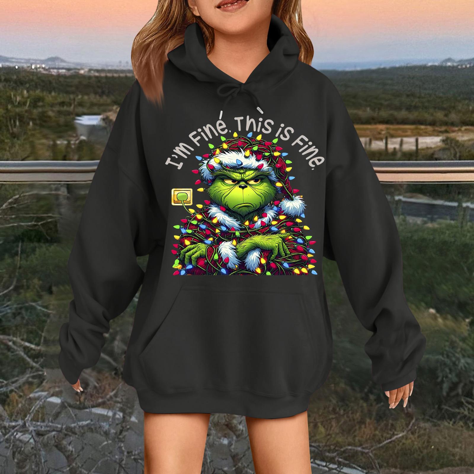 

Children s Fashionable Casual Long-sleeved Loose Christmas Print Pullover Hooded Sweatshirt 120 чёрный