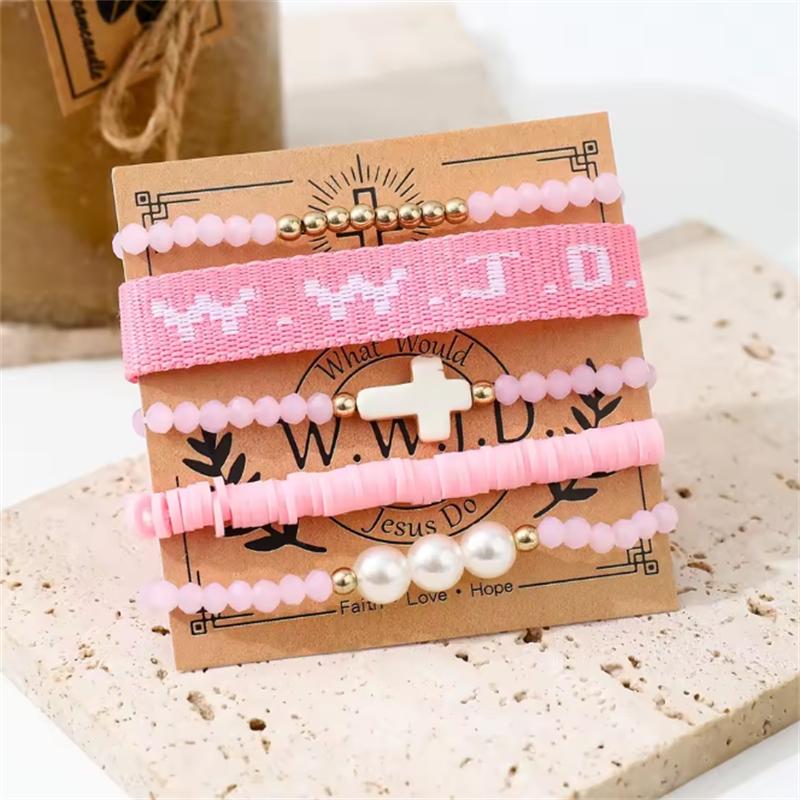 

set 5-piece Pink WWJD bracelet set for women beaded and cross imitation pearl fashionable bracelet High Quality рожевий