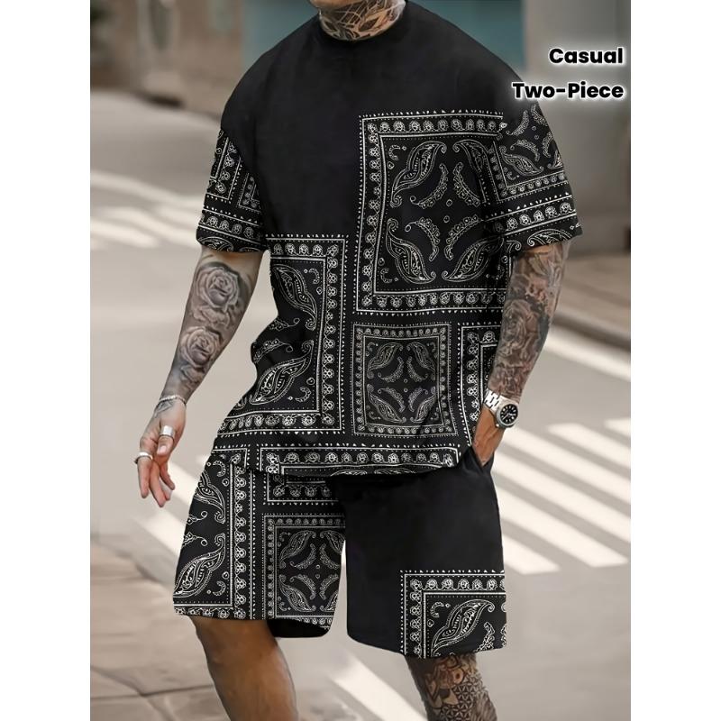 Digitally printed summer Hawaiian pattern men s casual two-piece set, round neck short-sleeved T-shirt S