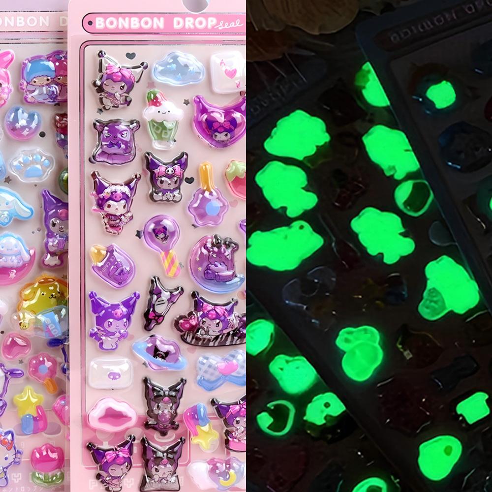 Luminous Cute Sanrio 3D Relief Stickers Kawaii Girls Kuromi Cinnamoroll My Melody Crystal Decals Kids Decoration Sticker Packs