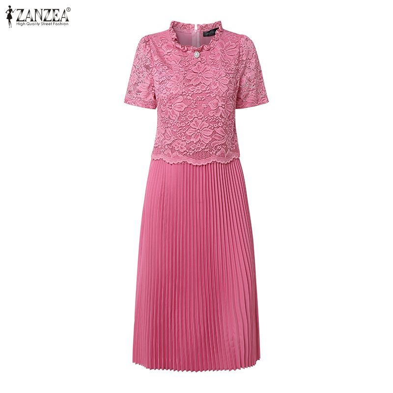 ZANZEA Women Casual Round Neck Short Sleeve Lace Patchwork Dress