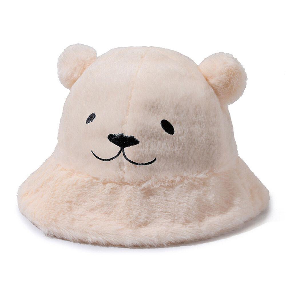 

Жіноча шапка-рибалка з мультяшним ведмедем Панама та плюшева шапка-відро, зимова тепла бежевий