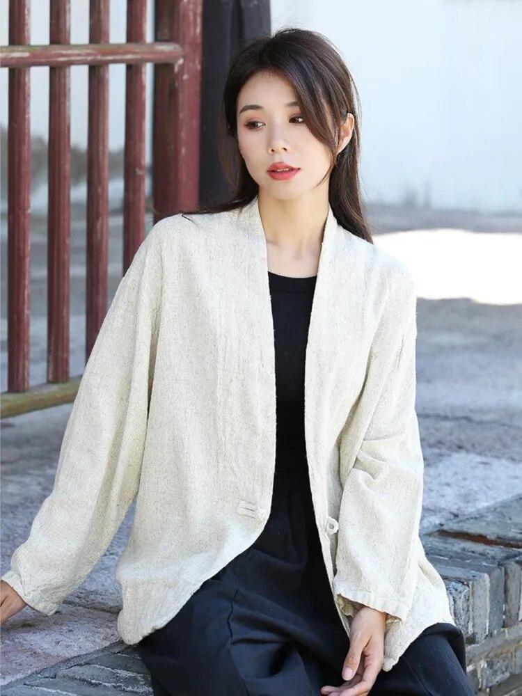 Johnature Camicia da donna autunnale vintage con cuciture tinta unita, scollo a V, in lino, maniche lunghe larghe