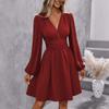 Women S V Neck Lantern Sleeve Solid Color High Waist Dress
