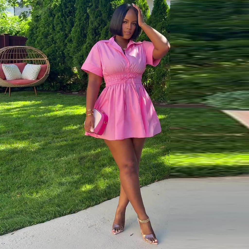 European and American summer new African casual women's clothing high waist elastic drawstring solid color dress