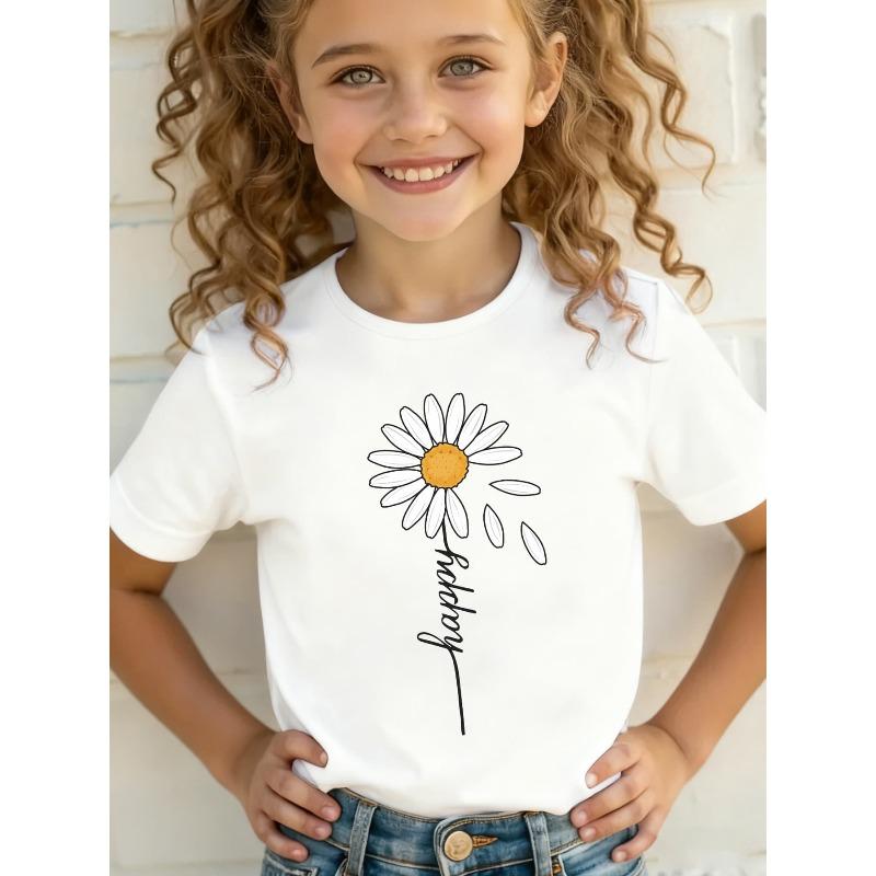 Summer Fashion Girls Short Sleeve T-Shirt HAPPY Daisy Flower Cartoon Print Casual Versatile Top 110 белый