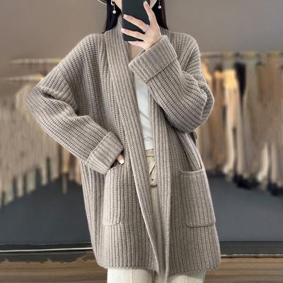 Women Fall Winter Cardigan Sweater Open Stitch Knitted Pockets Lapel Loose Thick Warm Soft Elastic Long Sleeve Plus Size Mid Length Lady Coat Jacket
