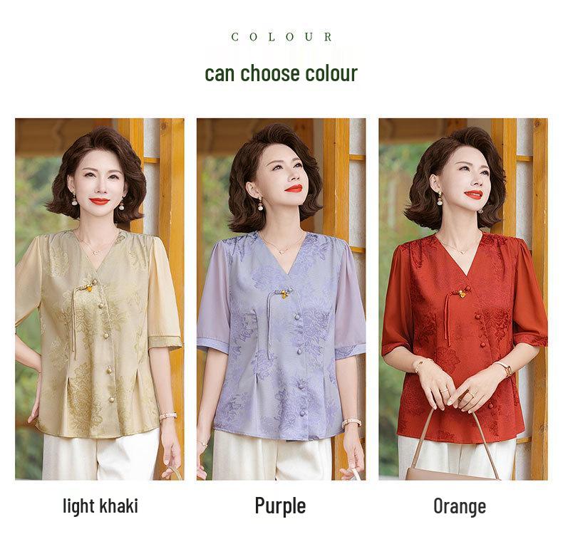 Stylish Summer Chinese Style T-Shirt for Middle-Aged and Elderly Mothers